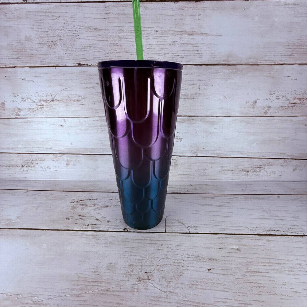 Starbucks 2022 Mermaid Scale‎ Tumbler Purple Teal Ombre Cold Cup 24oz Metallic